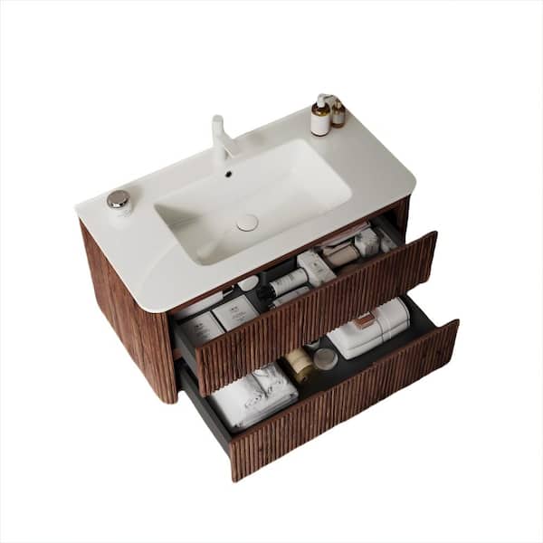 36 in. W Wall-Mounted Floating Plywood Bath Vanity in Dark Brown with White Ceramic Top, Drawers, Drain