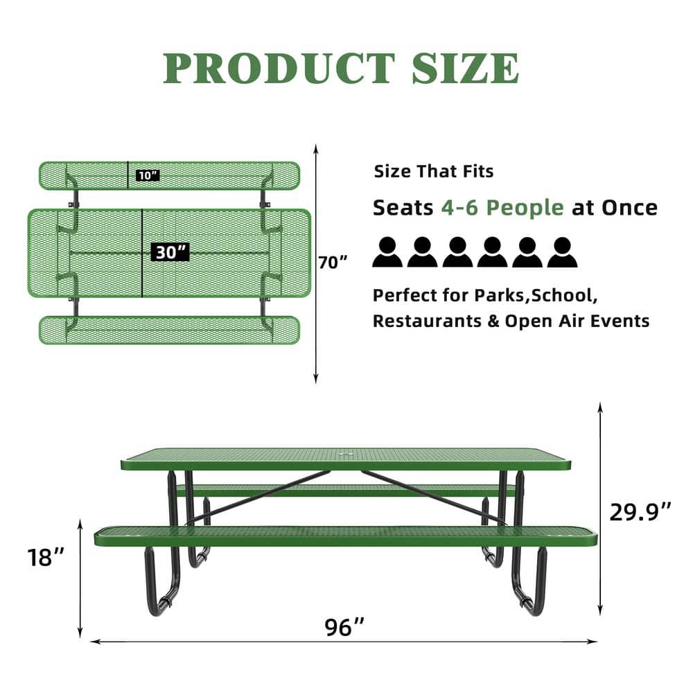 96" Green Steel Rectangular Outdoor Picnic Table with Umbrella Hole