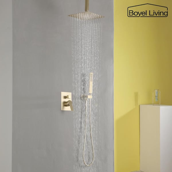 1-Spray Patterns with 2.66 GPM 10 in. Ceiling Mount Dual Shower Heads with Rough-In Valve Body and Trim in Brushed Gold