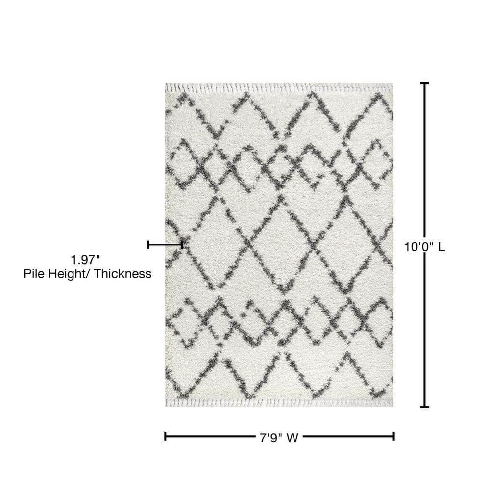 Cream/Grey Moroccan Tribal Geometric Trellis Shag Rug 8' x 10'