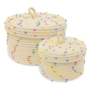 Storage Baskets with Lids, Cotton Rope Woven Storage, Colorful Rainbow Pompom Set of 2