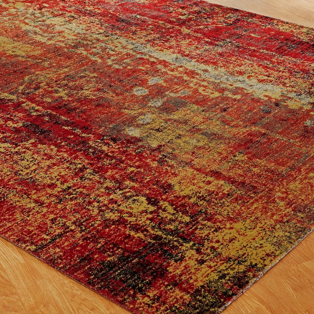 Red and Yellow Abstract Rectangular Viscose Area Rug