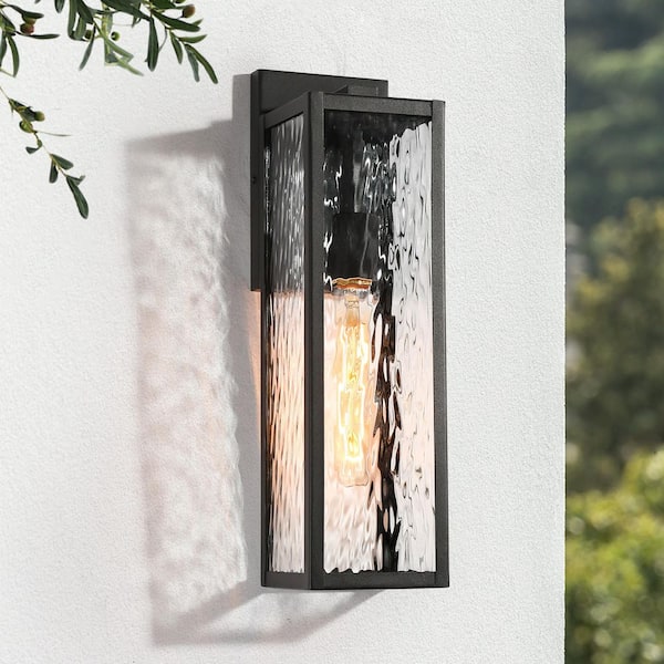 LNC Modern Textured Black Rectangle Outdoor Wall Lantern Contemporary Square Wall Sconce with Water Glass Shade (1-Light)