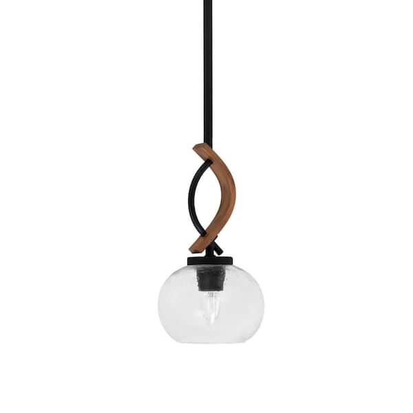 Unbranded Wensley 100-Watt 1-Light Black and Wood-Look Shaded Pendant Light with 7 in. Clear Bubble Shade, No Bulb Included
