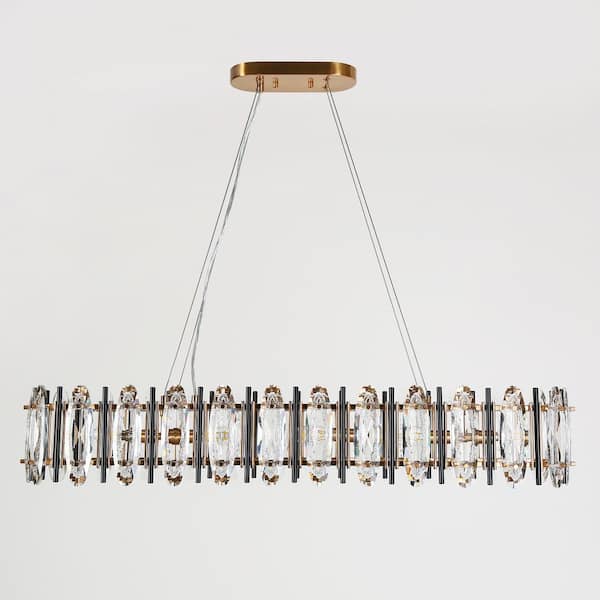 LNC Noctiflorous 5-Light Matte Black and Plating Brass Rectangle Island Chandelier with Crystal Strips No bulbs Included