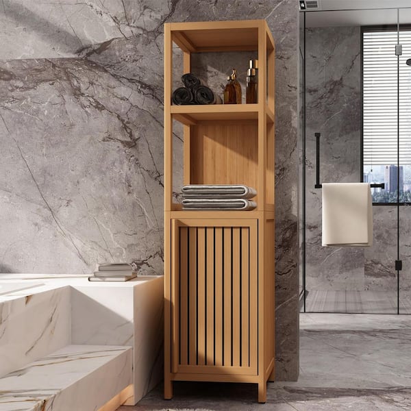 14.09 in. W x 12.99 in. D x 52 in. H Natural-Yellow Bamboo Freestanding Linen Cabinet with Concealed Hinges
