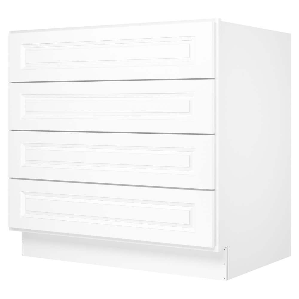 36 in. Wx24 in. Dx34.5 in. H in Raised Panel White Plywood Ready to Assemble Drawer Base Kitchen Cabinet with 4 Drawers