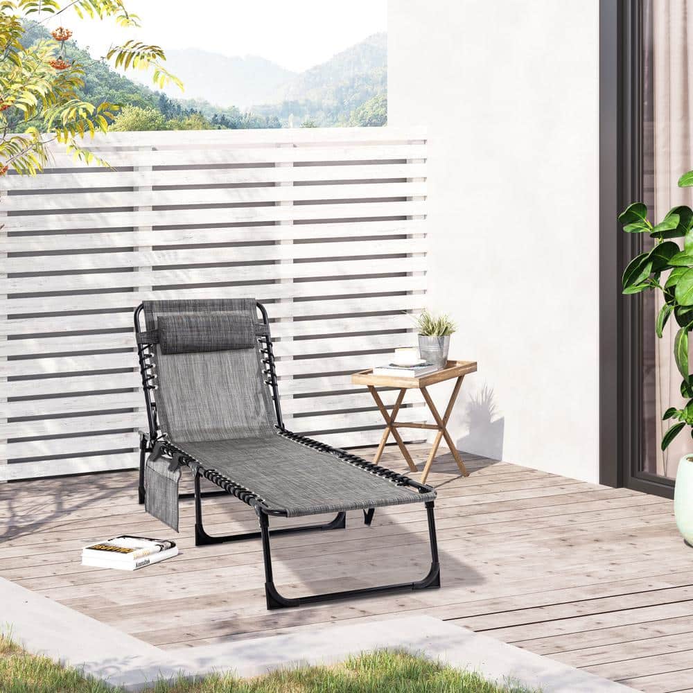 Gray Mesh Armless Folding Chaise Lounge Chair with Pillow