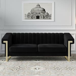 83.86 in. Transitional Square Arm Velvet Straight Sofa with Removable Cushion in Black