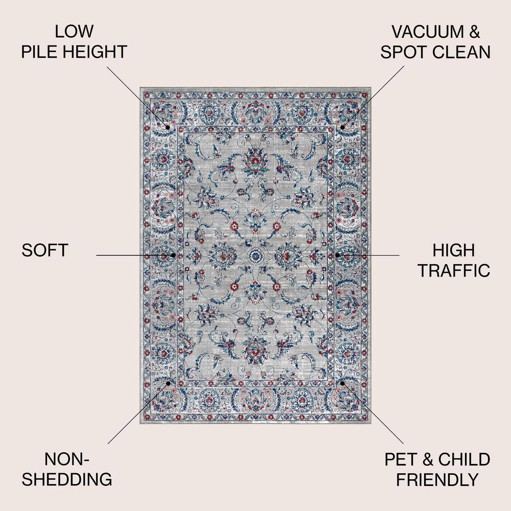 Elegant Light Grey & Red Vintage Synthetic Area Rug 8' x 10'