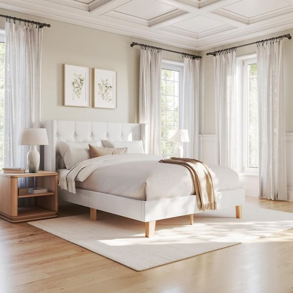 Carmy White Wood Frame Queen Platform Bed with Tufted Wingback Headboard and Cushioned Siderails, Wood Slat Foundation