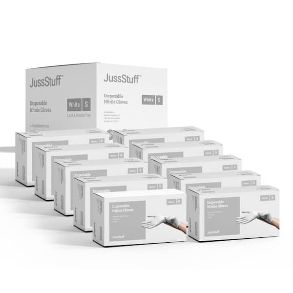 JussStuff Small Nitrile Exam Latex Free and Powder Free Gloves in White - 10-Boxes of 100-Gloves (1000 Total)
