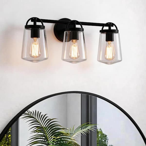 22 in. 3-Light Matte Black Bathroom Vanity Light with Clear Glass Shade