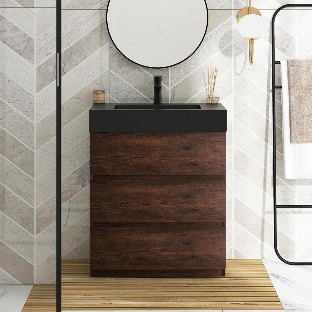 29.9 in. W 18.1 in. D 37.0 in. H Single Sink Freestanding Bath Vanity in Walnut with Black Rinse Top -  Boosicavelly, BOAlice-F30RWB