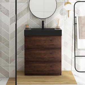 29.9 in. W 18.1 in. D 37.0 in. H Single Sink Freestanding Bath Vanity in Walnut with Black Rinse Top