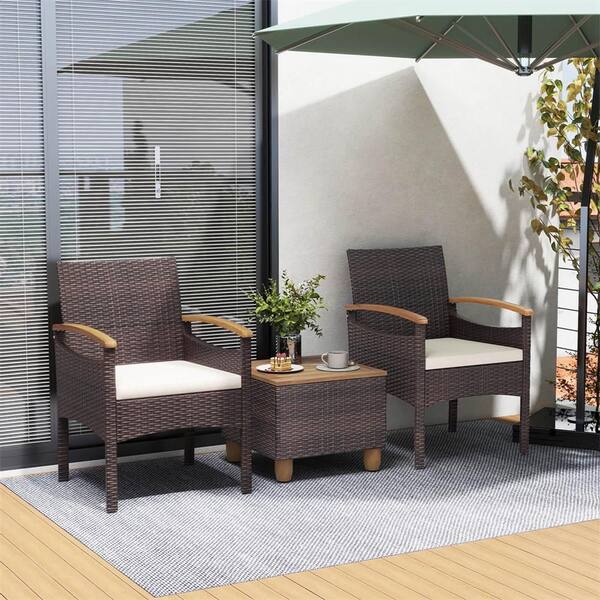 Costway Wicker Outdoor Dining Chairs with Acacia Wood Armrest Heavy Duty Metal Frame and White Cushion(2-Pack)