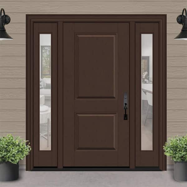 Regency 68 in. x 80 in. 2P Squaretop LHIS Chestnut Stain Mahogany Fiberglass Prehung Front Door w/Clear 14in. SLs 6-9/16