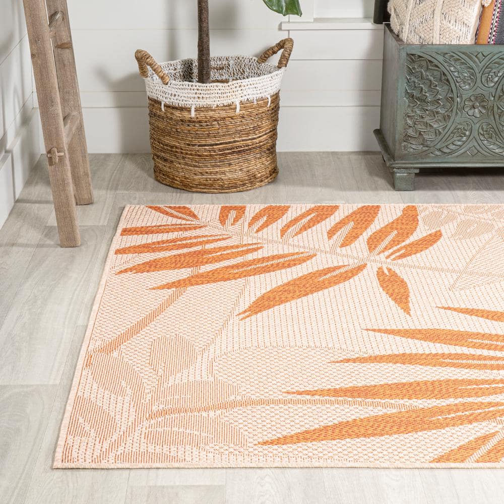 Tropical Palm Leaf Cream/Orange 5x8 Indoor/Outdoor Easy-Care Rug