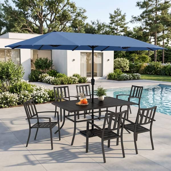 discount patio umbrellas PURPLE LEAF Luxury Market Umbrella Heavy-Duty Commercial Hydraulic Semi-Automatic Patio Umbrella Navy Blue / 8x8 FT(1.9" Pole)