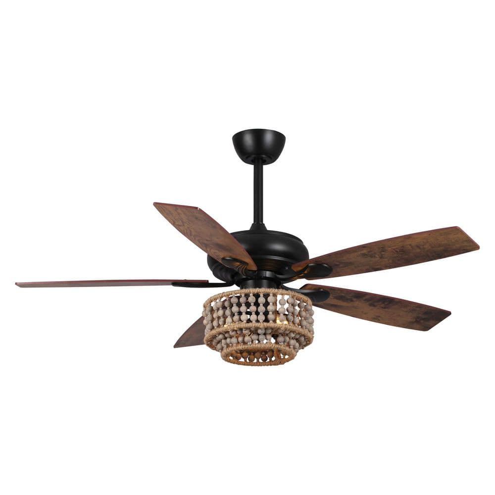 Parrot Uncle 52 in. Indoor Farmhouse Wood Beads Matte Black Ceiling Fan ...