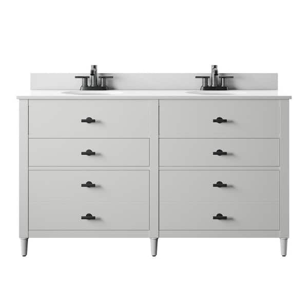 Twin Star Home 60 in. W x 20 in. D x 38.25 in. H Double Bath Vanity Side Cabinet in White with White Vanity Top with White Basin