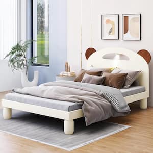 Cream White Wood Frame Twin Size Platform Bed with Bear Ears Shaped Headboard and LED