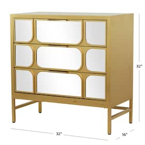 32 in. W Gold Wood 3 Drawer Cabinet with Mirrored Front