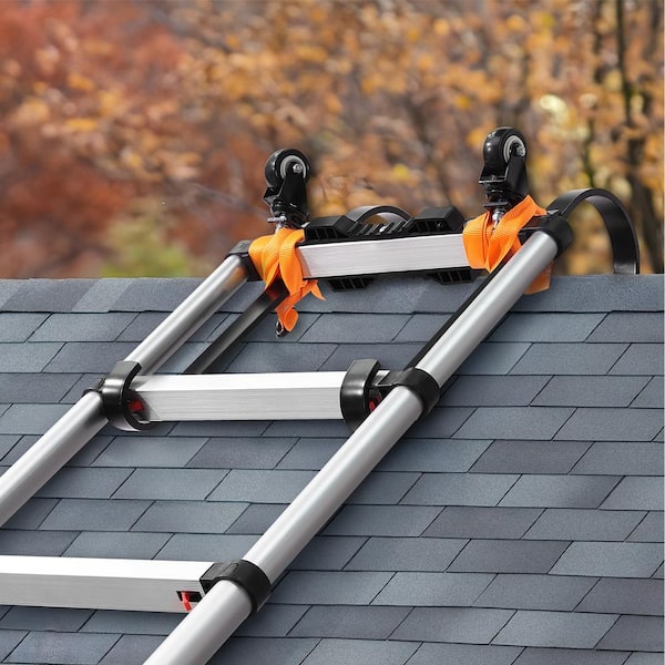 VEVOR Ladder Roof Hook, 2 Pack With Fixed Wheel & Swivel Bar,Wheel Heavy Duty Steel Ladder Stabilizer,Roof Ridge Extension,600 Lbs Weight Rating,Black