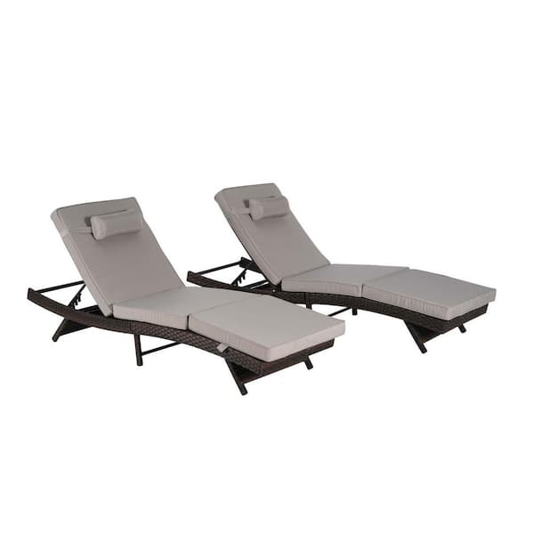 SereneVita Wicker Outdoor Chaise Lounge Set of 2, Reclining Lounge Chair with Light Gray Cushions for Patio, Beach, Pool
