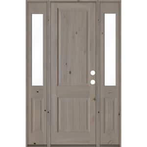 58 in. x 96 in. Rustic Knotty Alder Square Top Left-Hand/Inswing Clear Glass Grey Stain Wood Prehung Front Door w/DHSL