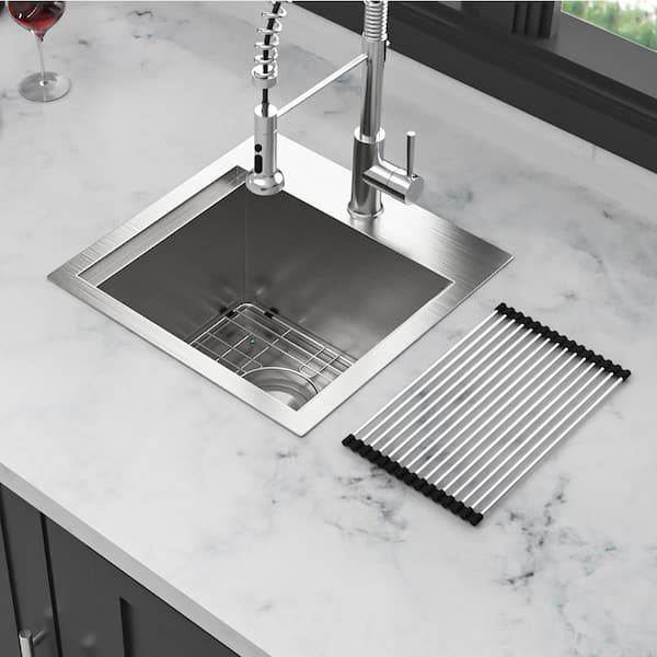 15 in. Drop-In Single Bowl 16-Gauge Brushed Nickel Stainless Steel Kitchen Sink with Workstation