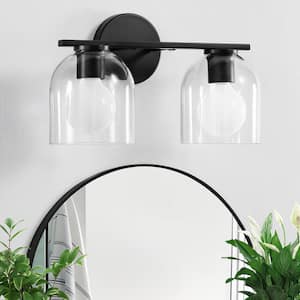 14 in. 2-Light Modern Black Vanity Light with Clear Glass Shade Farmhouse Wall Sconce For Bathroom Light Fixtures