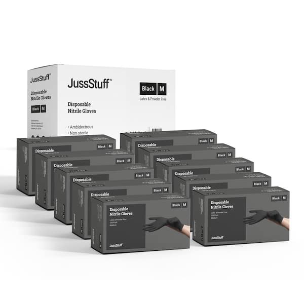 JussStuff Medium Nitrile Exam Latex Free & Powder Free Gloves in Black - 10 Boxes of 200 Gloves (2000 Total)
