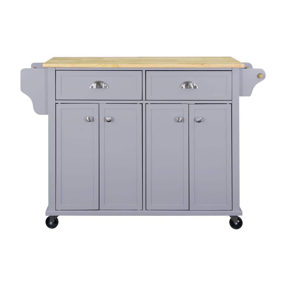 ANGELES HOME Gray Solid Wood Drop Leaf Countertop 51.88 in. W Rolling Kitchen Island Cart on