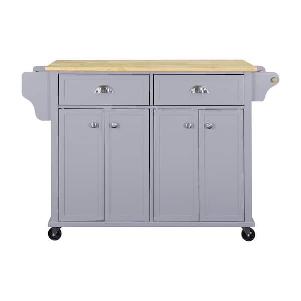 ANGELES HOME Gray Solid Wood Drop Leaf Countertop 51.88 in. W Rolling Kitchen Island Cart on Wheels, Adjustable Shelf