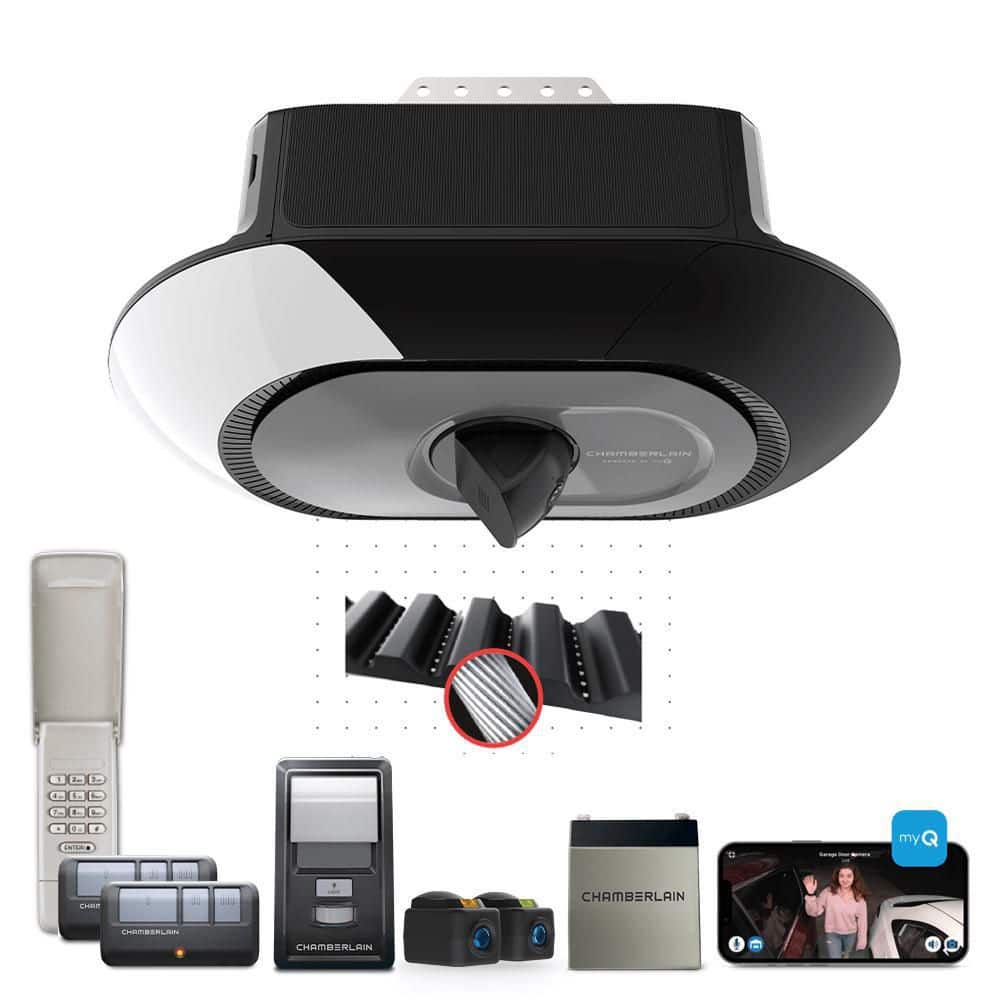 Chamberlain Secure View 3/4 HP LED Quiet Belt Drive Smart Garage Door Opener with Integrated Security Camera and Battery Backup B4655T