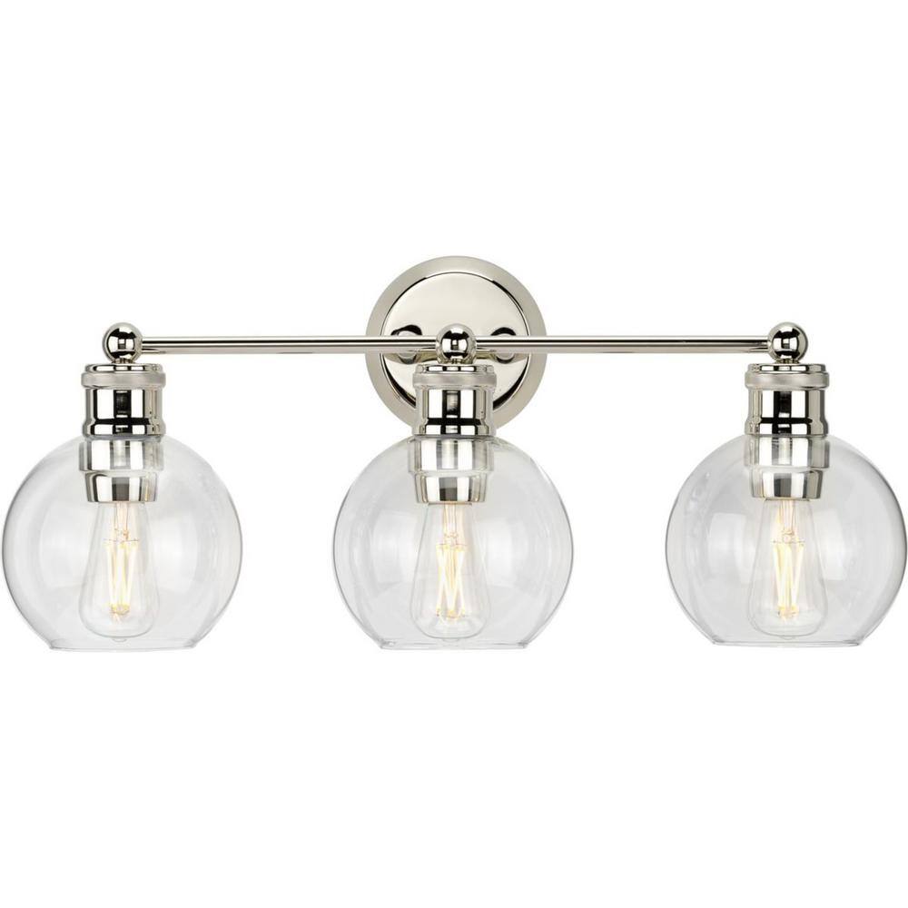 Hansford Polished Nickel 3-Light Bath Vanity Fixture with Clear Glass Shades