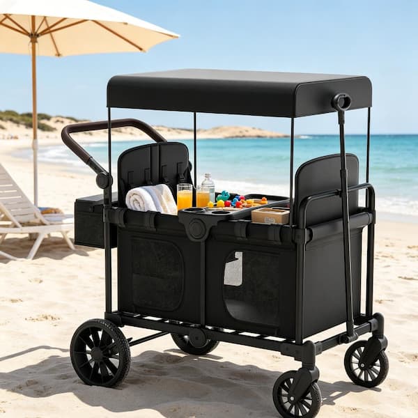 4 Seater Stroller Wagon Folding Kids Wagon with Canopy 5 Point Harness All Terrain Wheels Gray