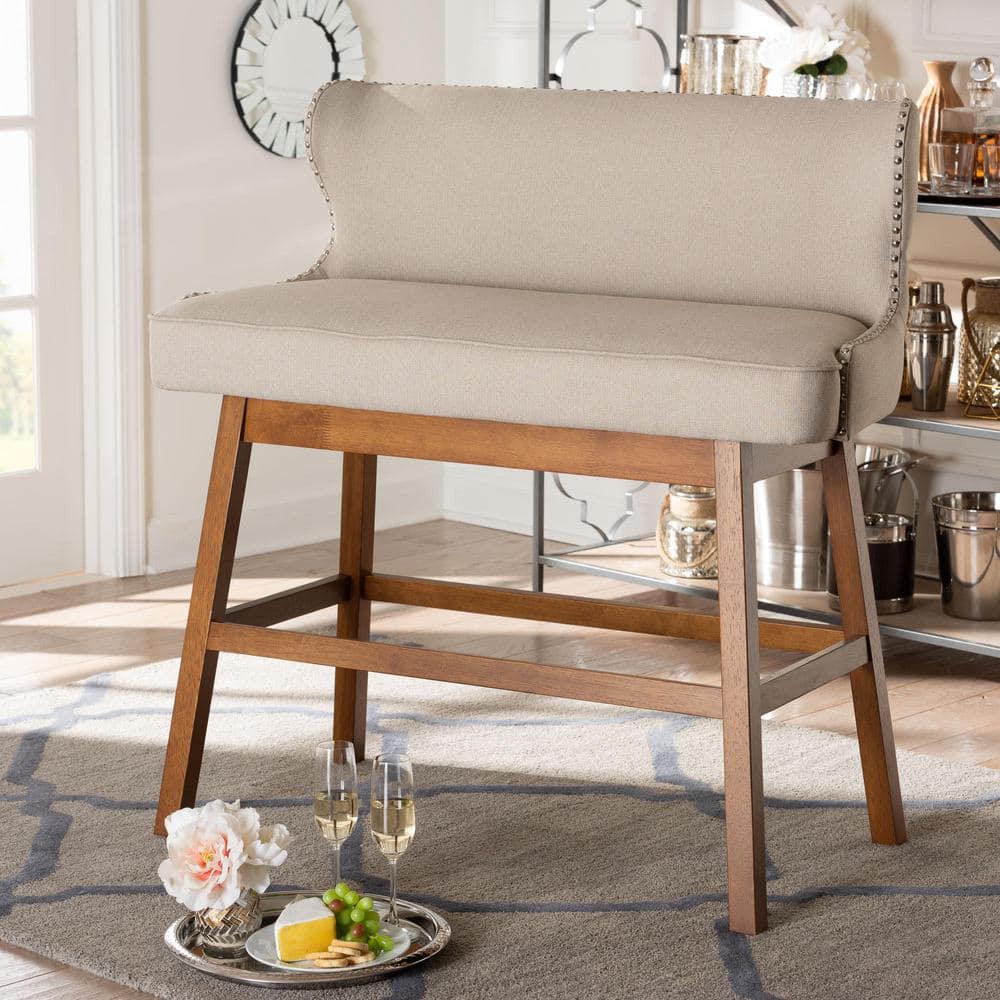 Light Beige Upholstered Walnut Wood Counter Stool