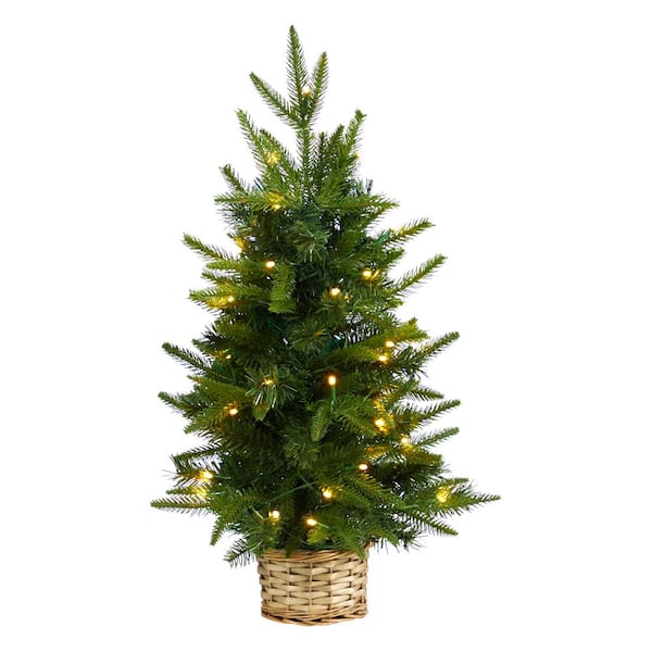 Nearly Natural 2 ft. Artificial Christmas Tree with 35 Clear LED Lights in Decorative Basket