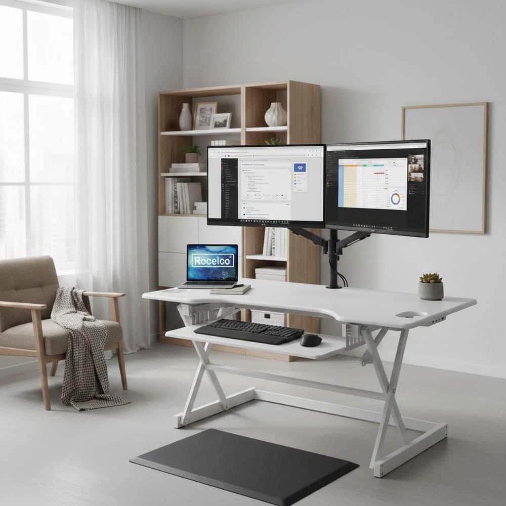 32 in. W White Height Adjustable Standing Desk Converter with Anti Fatigue Mat, Dual Monitor and Gas Spring Tray System price history on PriceWatchPro