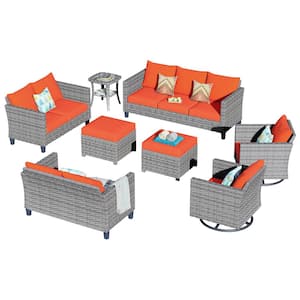 New Star Gray 8-Piece Wicker Patio Conversation Seating Set with Orange Red Cushions and Swivel Chairs
