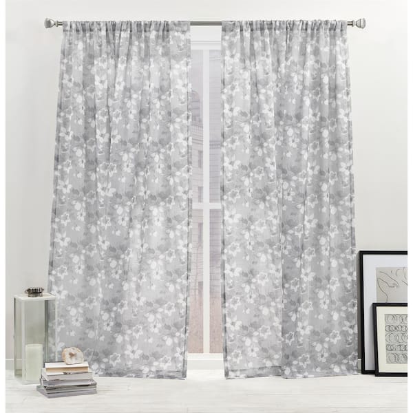 NICOLE MILLER NEW YORK Dara Grey Floral Light Filtering Rod Pocket Curtain, 54 in. W x 63 in. L (Set of 2)