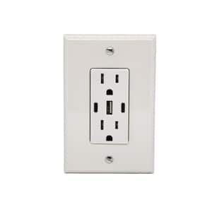USB Receptacle Outlet White, 15A 30W with 2 Type C, 1 Type A USB Charger and Standard Wallplate