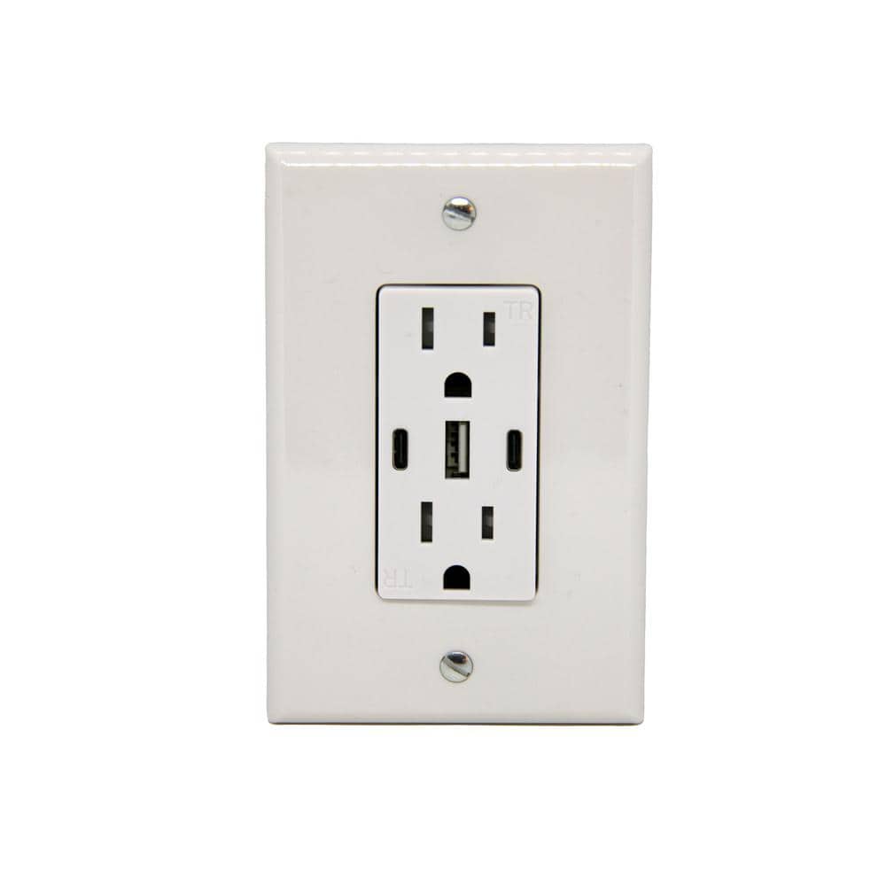 White 15A Tamper Resistant Duplex Outlet with 3 USB Ports