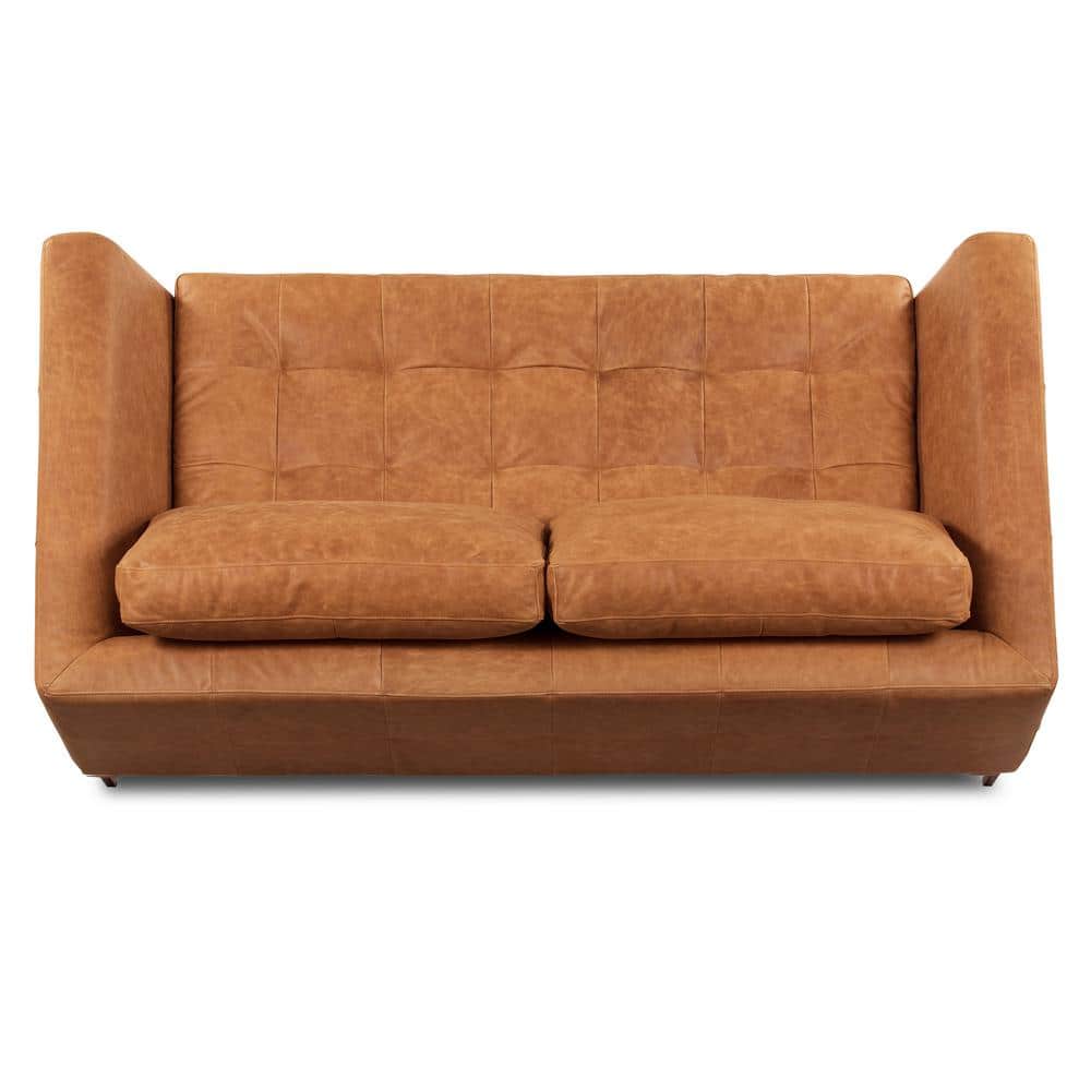 Front view of cognac tan sofa showing tufted back