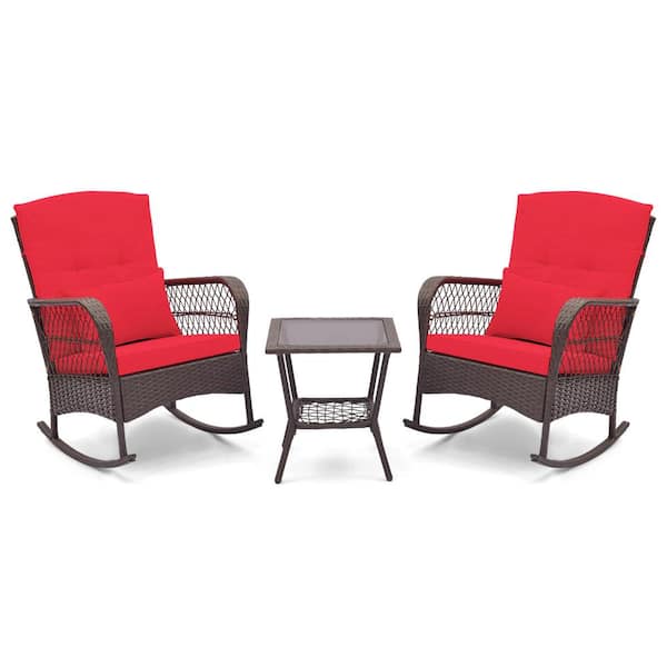 Costway 3-Piece Wicker Patio Conversation Set with Red Cushions