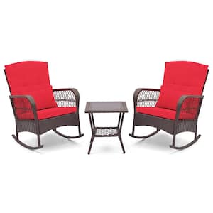 3-Piece Wicker Patio Conversation Set with Red Cushions