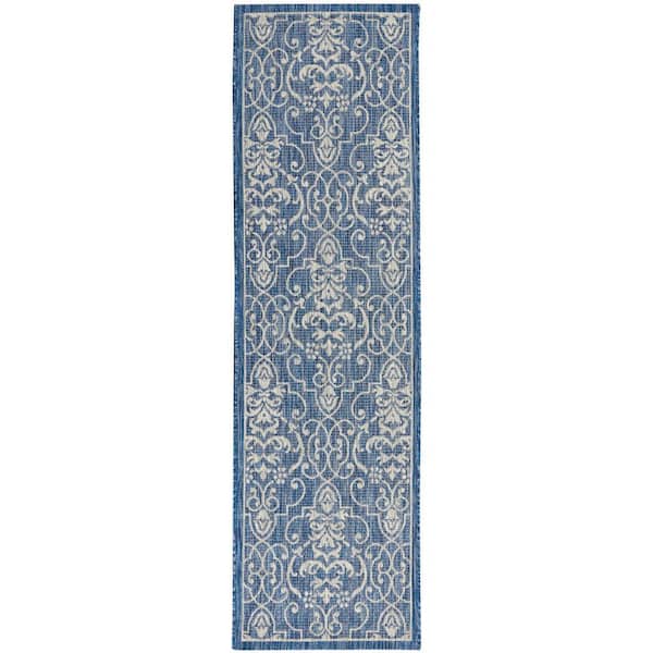 Nourison Garden Party Denim 2 ft. x 8 ft. Kitchen Runner Bordered Transitional Indoor/Outdoor Patio Area Rug
