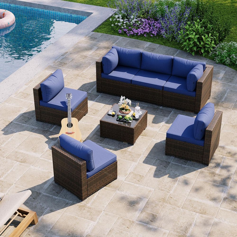 Brown 7-Piece Wicker Rattan Outdoor Patio Conversation Set with Blue Cushions, Coffee Table